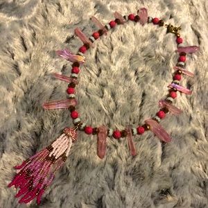 SALE!! Pink Crystal Quartz Necklace w/ Ombré Glass Tassel